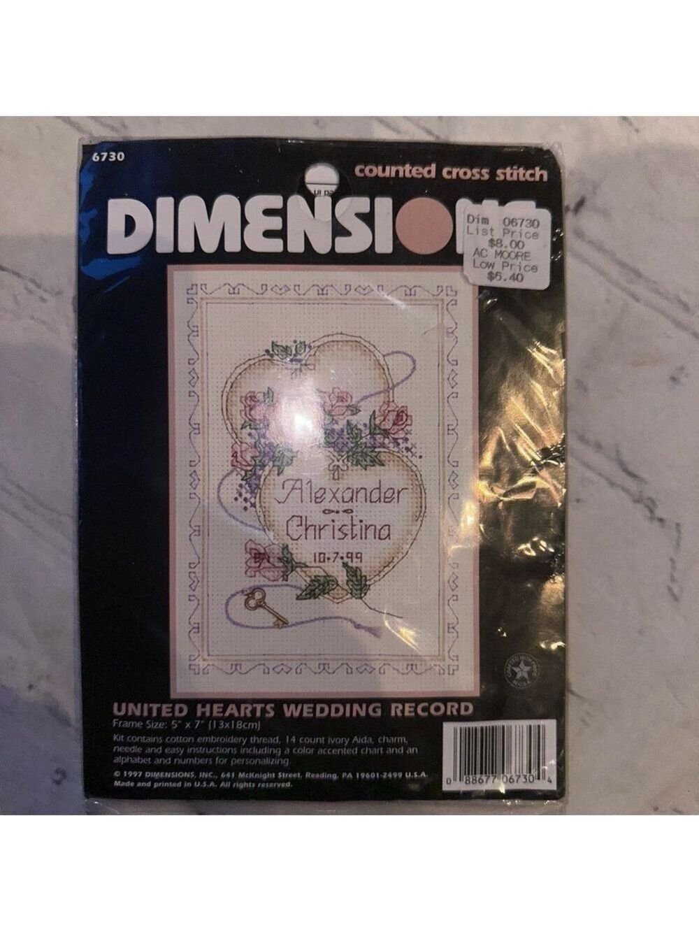 Vintage 1997 Sealed Dimensions United Hearts Wedding Record Cross Stitch Kit